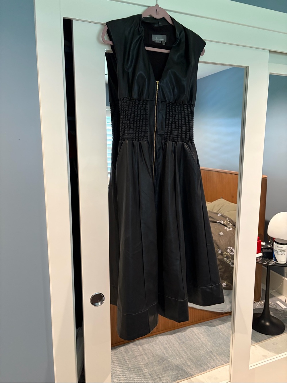 Anthropologie Black Faux Leather Midi Dress with Smocked Waist